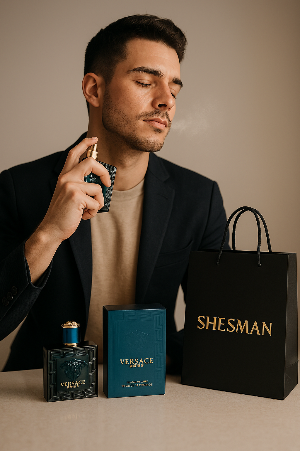 Hombre aplicando perfume Versace Eros con bolsa Shesman